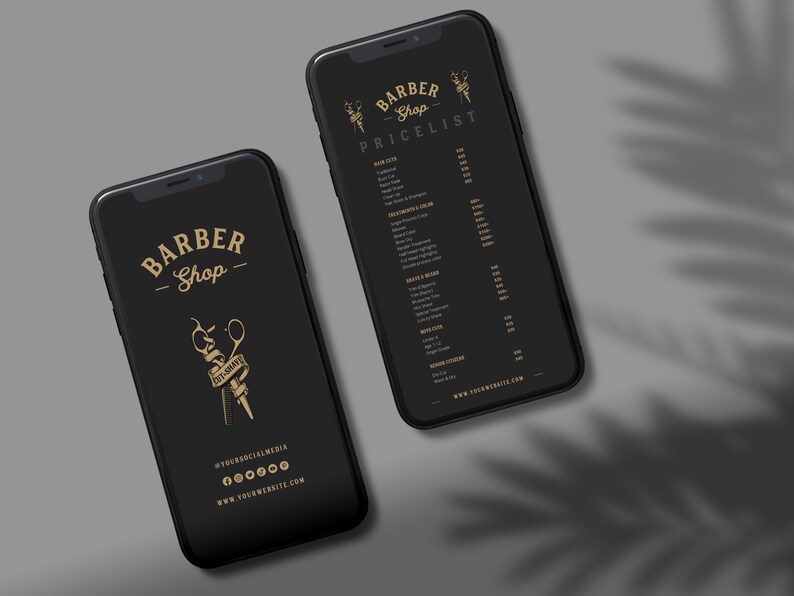 May include: Two black smartphone mockups with a white background. The phone on the left has a gold illustration of scissors and a razor with the text "Barber Shop" and social media icons. The phone on the right has a black background with the text "Barber Shop Pricelist" and a list of services and prices.