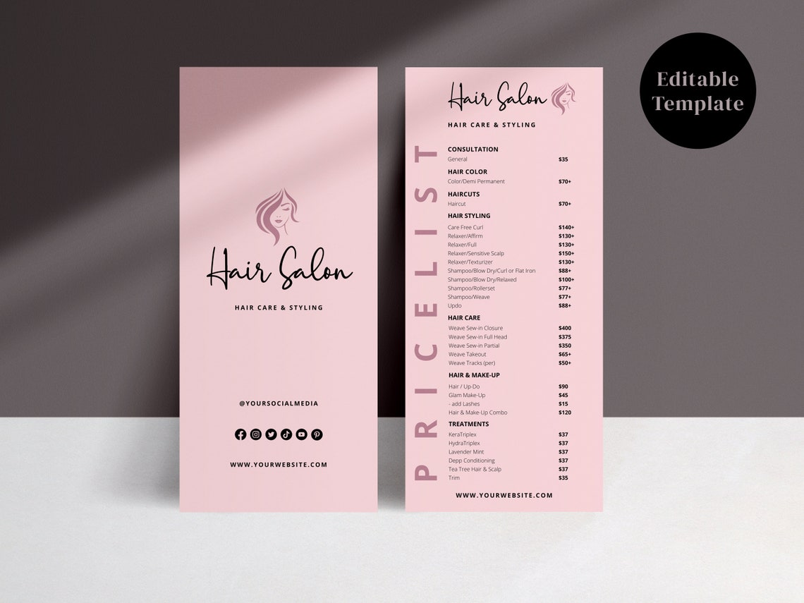 Hair Salon Price List Template, Printable Price Sheet, Editable Price