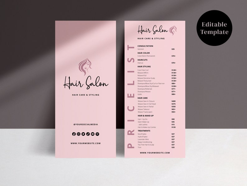 Hair Salon Price List Template, Printable Price Sheet, Editable Price ...