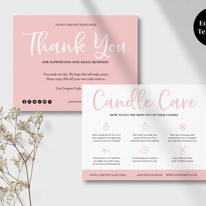 Kaarsverzorgingskaartsjabloon, afdrukbare zorgkaart, roze productverzorgingskaart, kaarsveiligheidskaarten, direct downloaden, Canva-sjabloon