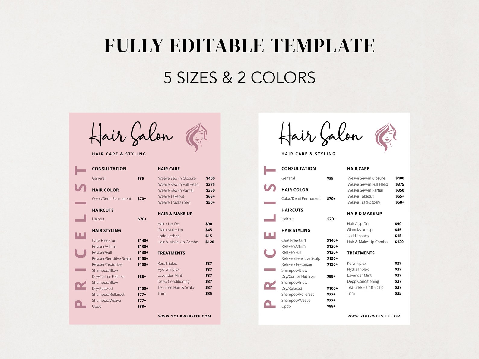 Hair Salon Price List Template, Printable Price Sheet, Editable Price