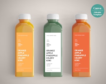 Modern afdrukbaar saplabelsjabloon, smoothielabel, bewerkbaar aangepast label, incl. Pictogrammen, 12 oz, 16oz flessen productlabel, Canva-sjabloon