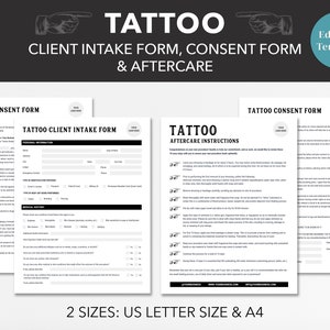 Tattoo Client Intake Form, Release Form, Editable Consent Form, Release Form, Aftercare, Printable, Canva Template