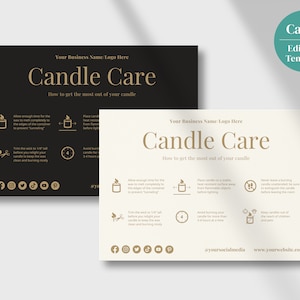May include: A white card with gold text and icons outlining candle care tips. The card has the text "Candle Care" and "How to get the most out of your candle". The icons include a candle with a flame, a pair of scissors, a clock, and a footprint.