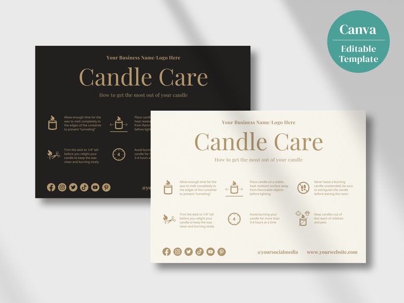 May include: A white card with gold text and icons outlining candle care tips. The card has the text "Candle Care" and "How to get the most out of your candle". The icons include a candle with a flame, a pair of scissors, a clock, and a footprint.