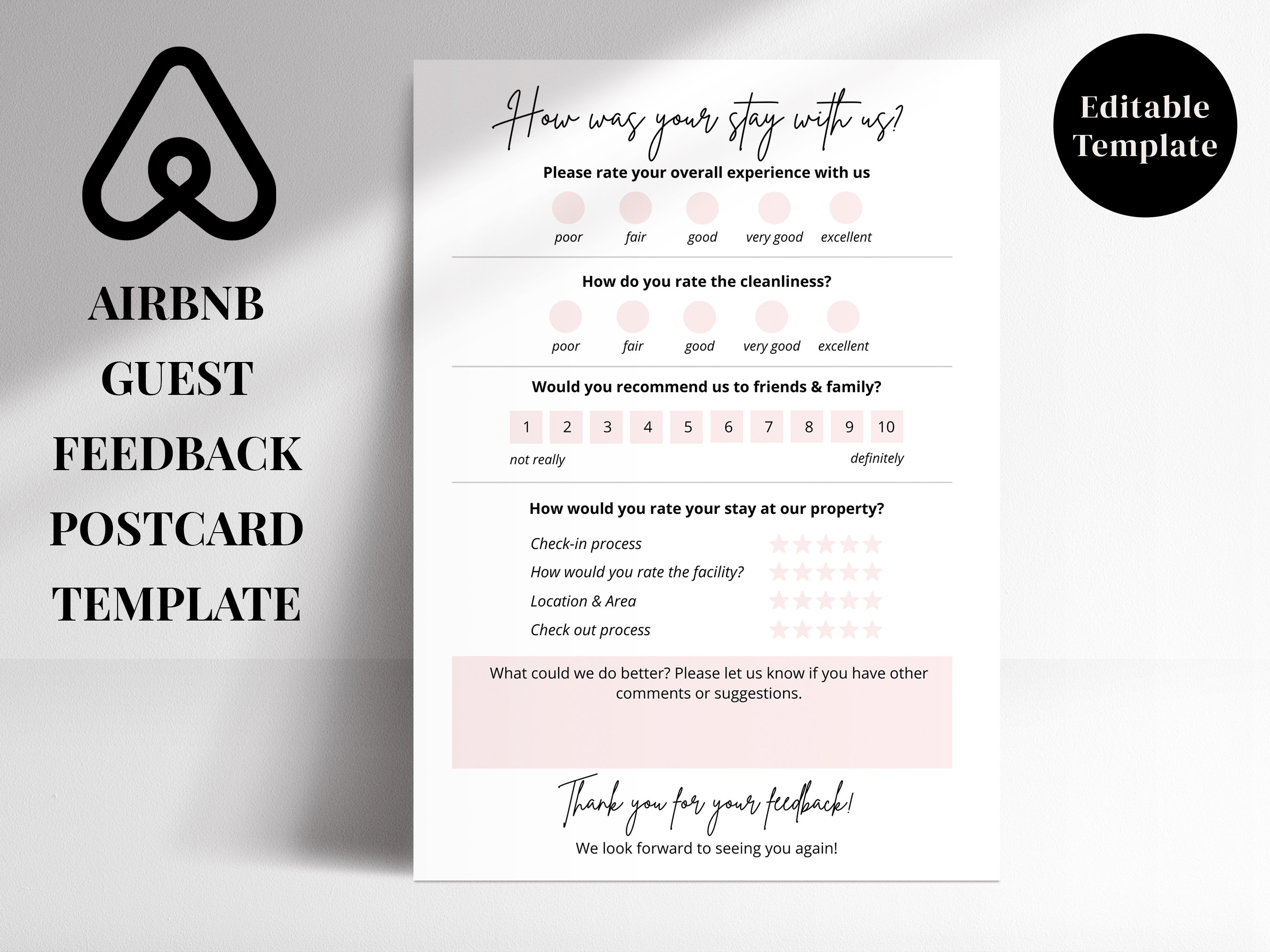 Editable Guest Feedback Comment Card Template, Portrait Format, 4x6, A6, Airbnb, VRBO, Hotel