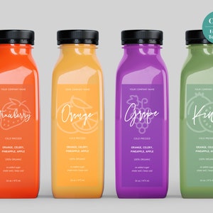 Printable Juice Label Template Fruit Icons Incl., Smoothie Label, Editable Custom Label, 12 oz, 16oz Bottles Product Label, Canva Template