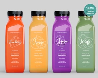 Afdrukbare saplabelsjabloon Fruitpictogrammen incl., Smoothie-label, bewerkbaar aangepast label, 12 oz, 16oz flessen productlabel, Canva-sjabloon