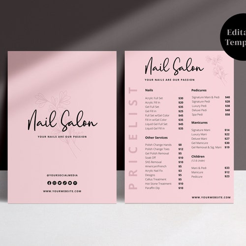 Nail Salon Price List Template Printable Price Sheet - Etsy