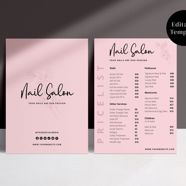 Nail Salon Price List Template, Printable Price Sheet, Editable Price List Template, Instant Download, Canva Template