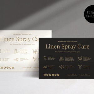 Tarjeta de cuidado de spray de lino, spray ambientador de lavandería, instrucciones de cuidado de niebla de tela, editable, descarga instantánea, plantilla Canva