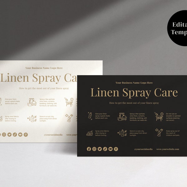 Linnen Spray Care Card, Wasverfrisser Spray, Onderhoudsinstructies voor stofmist, Bewerkbaar, Instant Download, Canva-sjabloon