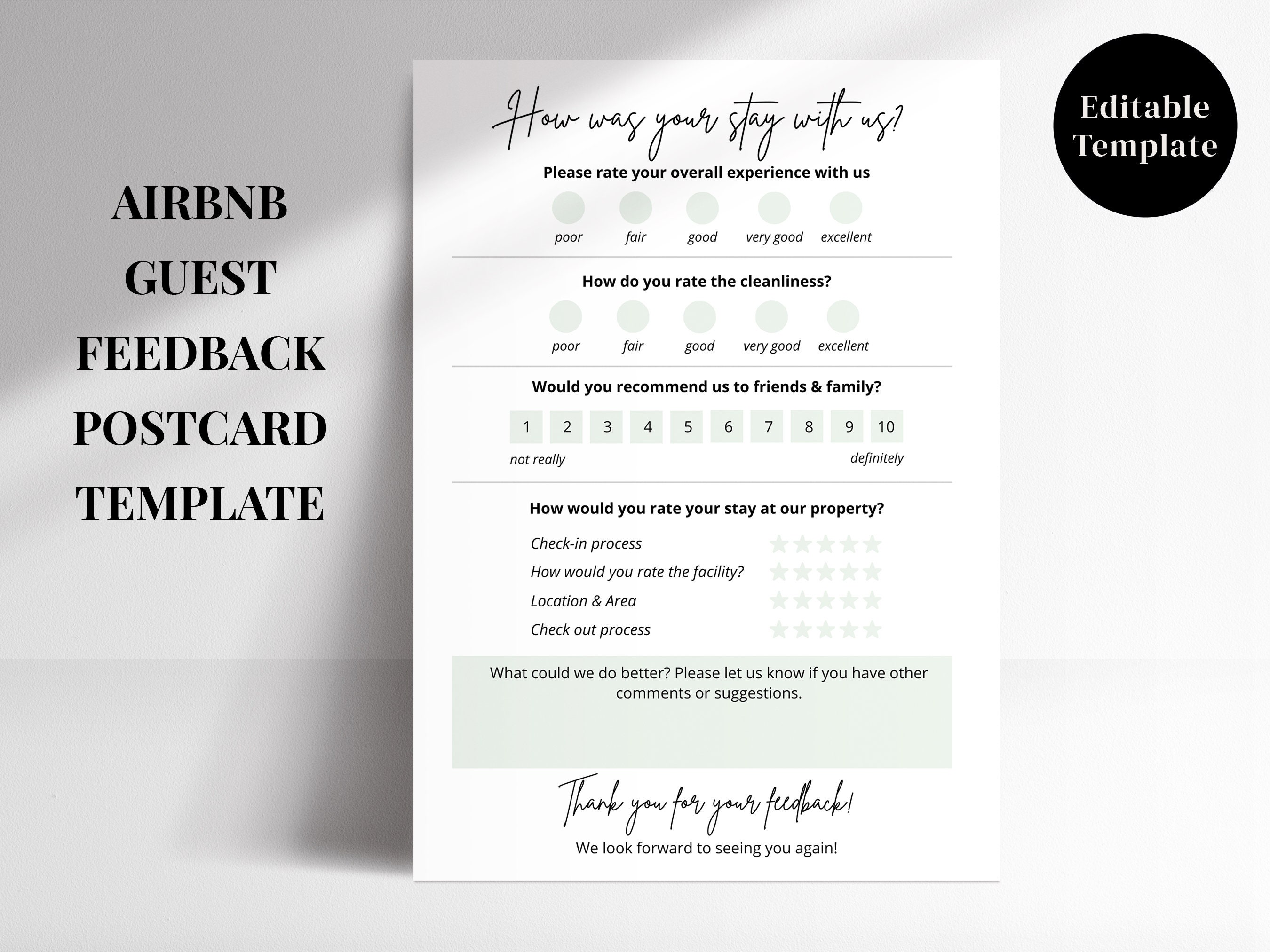 Editable Guest Feedback Comment Card Template, Portrait Format, 4x6, A6