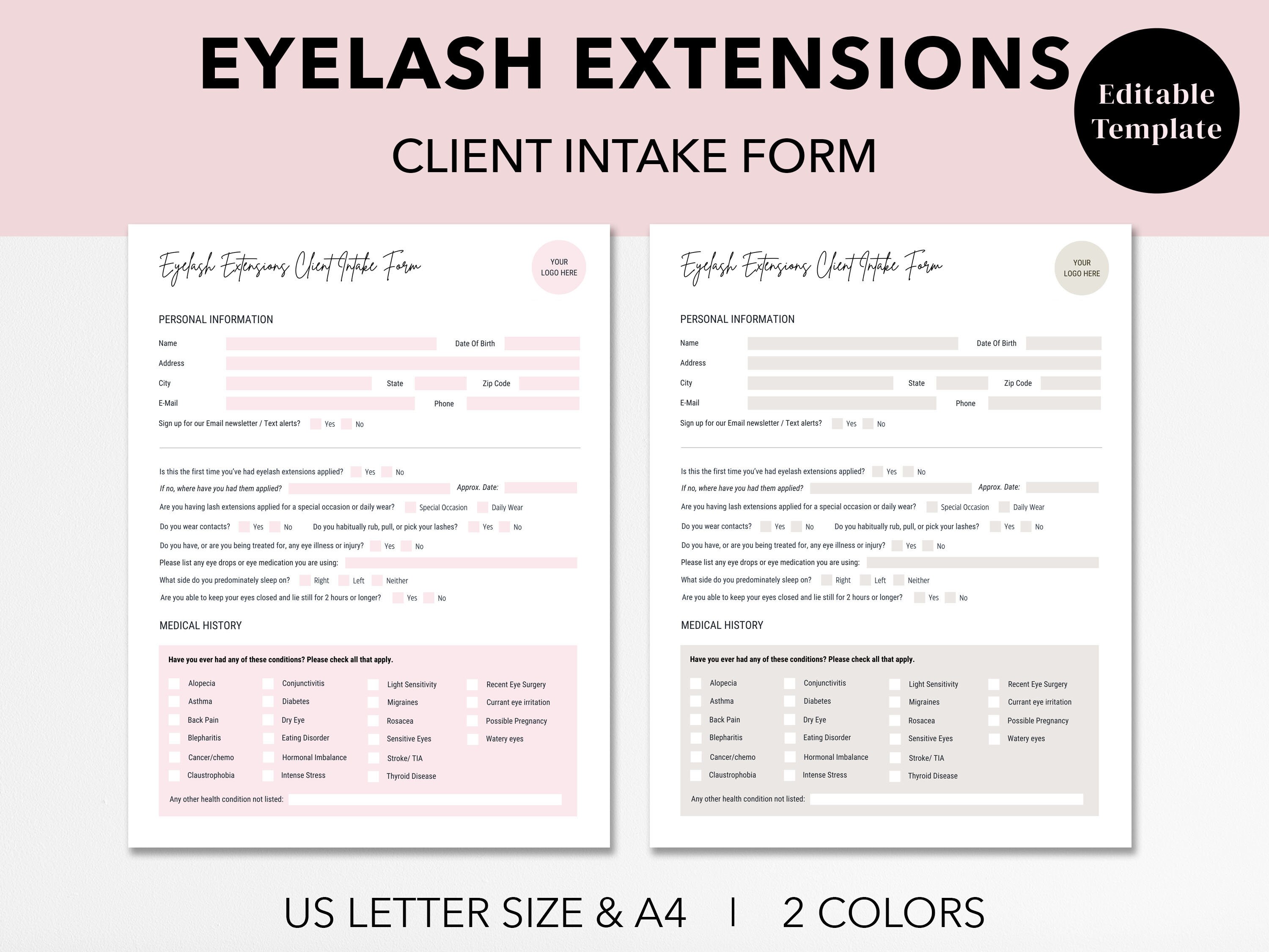 Editable Eyelash Extensions Intake Form, Patch Test Form, Lash Consent ...