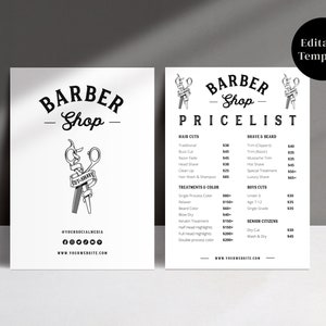 May include: Black and white price list for a barber shop. The price list includes services such as haircuts, shaves, beard trims, and color treatments. The price list also includes prices for boys' cuts and senior citizens.