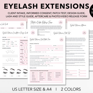 Puede incluir: Un conjunto de formularios imprimibles para empresas de extensiones de pestañas. Los formularios incluyen un formulario de admisión del cliente, consentimiento informado, prueba de parche, guía de diseño, guía de pestañas y estilo, cuidado posterior y formulario de liberación de fotos/vídeos. Los formularios son de color rosa y blanco con texto negro.