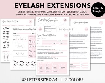 May include: A set of printable forms for eyelash extensions businesses. The forms include a client intake form, informed consent, patch test, design guide, lash and style guide, aftercare, and photo/video release form. The forms are in pink and white with black text.