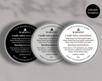 Candle Warning Label Template: Customizable Round Stickers (Canva Template, Instant Download)