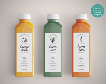 Bewerkbare saplabelsjabloon met pictogrammen, smoothielabel, afdrukbaar aangepast label, 12 oz, 16oz flessen productlabel, Canva-sjabloon