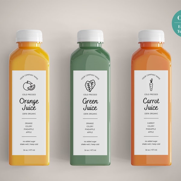 Editable Juice Label Template with Icons, Smoothie Label, Printable Custom Label, 12 oz, 16oz Bottles Product Label, Canva Template