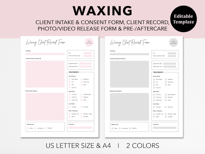 Waxing Intake Form, Consultation Form, Consent Form, Client Record Form ...