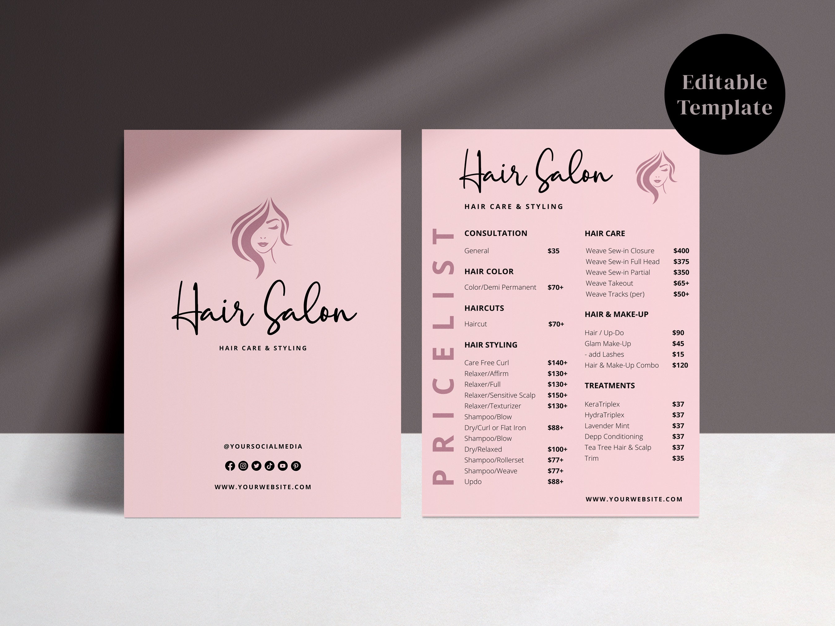 Hair Salon Price List Template, Printable Price Sheet, Editable Price List Template, Instant Download, Canva Template