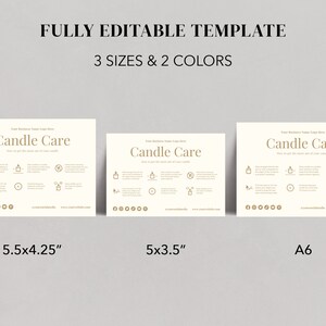 May include: Three printable candle care cards in different sizes: 5.5x4.25 inches, 5x3.5 inches, and A6. The cards feature a gold design with the text "Candle Care" and instructions on how to get the most out of your candles.