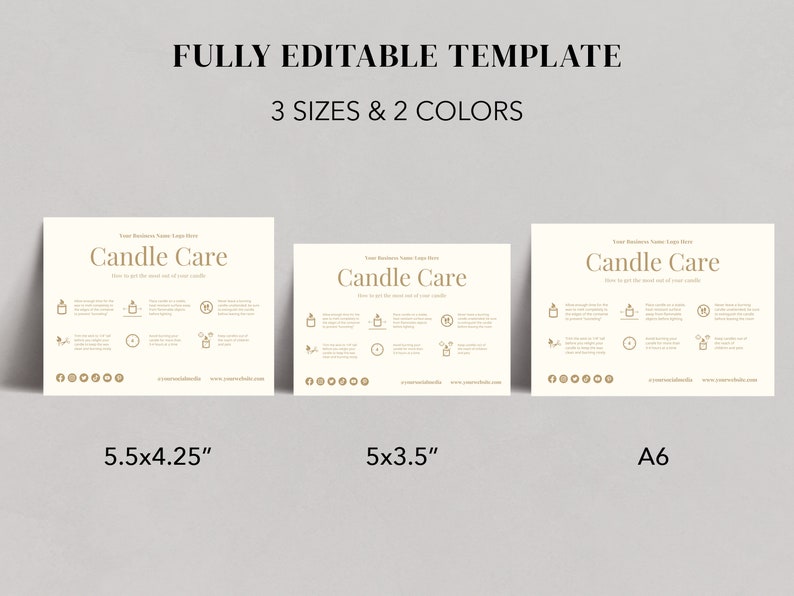 May include: Three printable candle care cards in different sizes: 5.5x4.25 inches, 5x3.5 inches, and A6. The cards feature a gold design with the text "Candle Care" and instructions on how to get the most out of your candles.