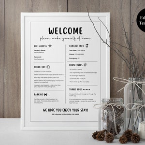Airbnb Welcome Sign Template, Vacation Rental Printable, House Rules, Wifi Info Sheet, VRBO, Instant Download, Editable Canva Template