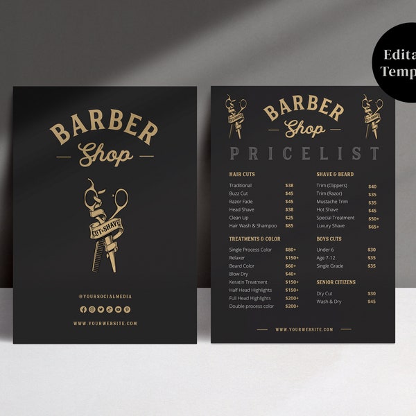 Barber Shop Preisliste Vorlage, druckbare Preisliste, bearbeitbare Preisliste Vorlage, Sofort Download, Canva Vorlage