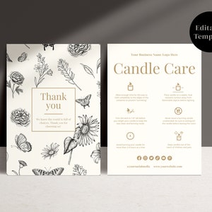Floral Candle Care Thank You Card Template, Black Gold Care Card, Editable Care Card, Product Care Card, Instant Download, Canva Template