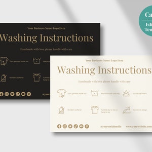 Black Gold Washing Instructions Card Template with Icons, Editable Clothing Care Card, Garment Care Card, Instant Download, Canva Template