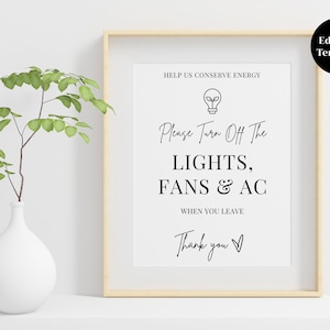 Please Turn off Light & AC Airbnb Sign, Vacation Rental Printable Sign, Conserve Energy, Editable Canva Template