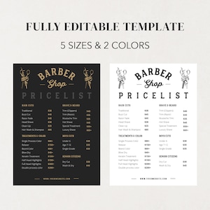 May include: Black and white price list for a barber shop with the title "Barber Shop Pricelist". The price list includes services such as haircuts, shaves, beard trims, and treatments. The prices are listed in US dollars.