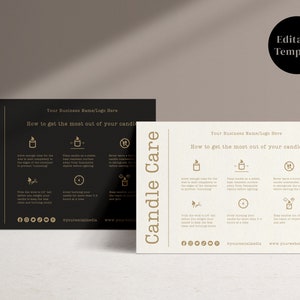 Schreibmaschine Kerze Pflege Karte Vorlage mit Symbolen, bearbeitbare Pflege Karte, Gold Produkt Pflege Karte, Sofort Download, Canva Vorlage
