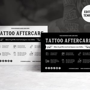 Zwart witte Tattoo nazorg kaartsjabloon met pictogrammen, bewerkbare zorgkaart, Tattoo Studio, Instant Download, Canva-sjabloon