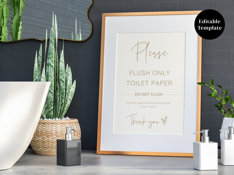 Moderno, por favor, descargue solo papel higiénico, letrero de baño de Airbnb, letrero imprimible de alquiler vacacional, sistema séptico, plantilla de Canva editable imagen 2