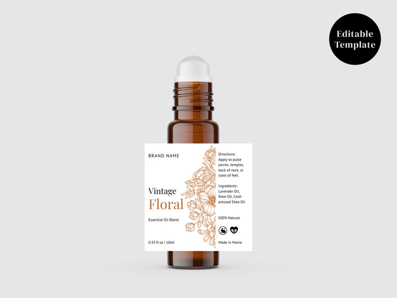 Vintage Floral Essential Oil Roller Bottle Label Template - Etsy
