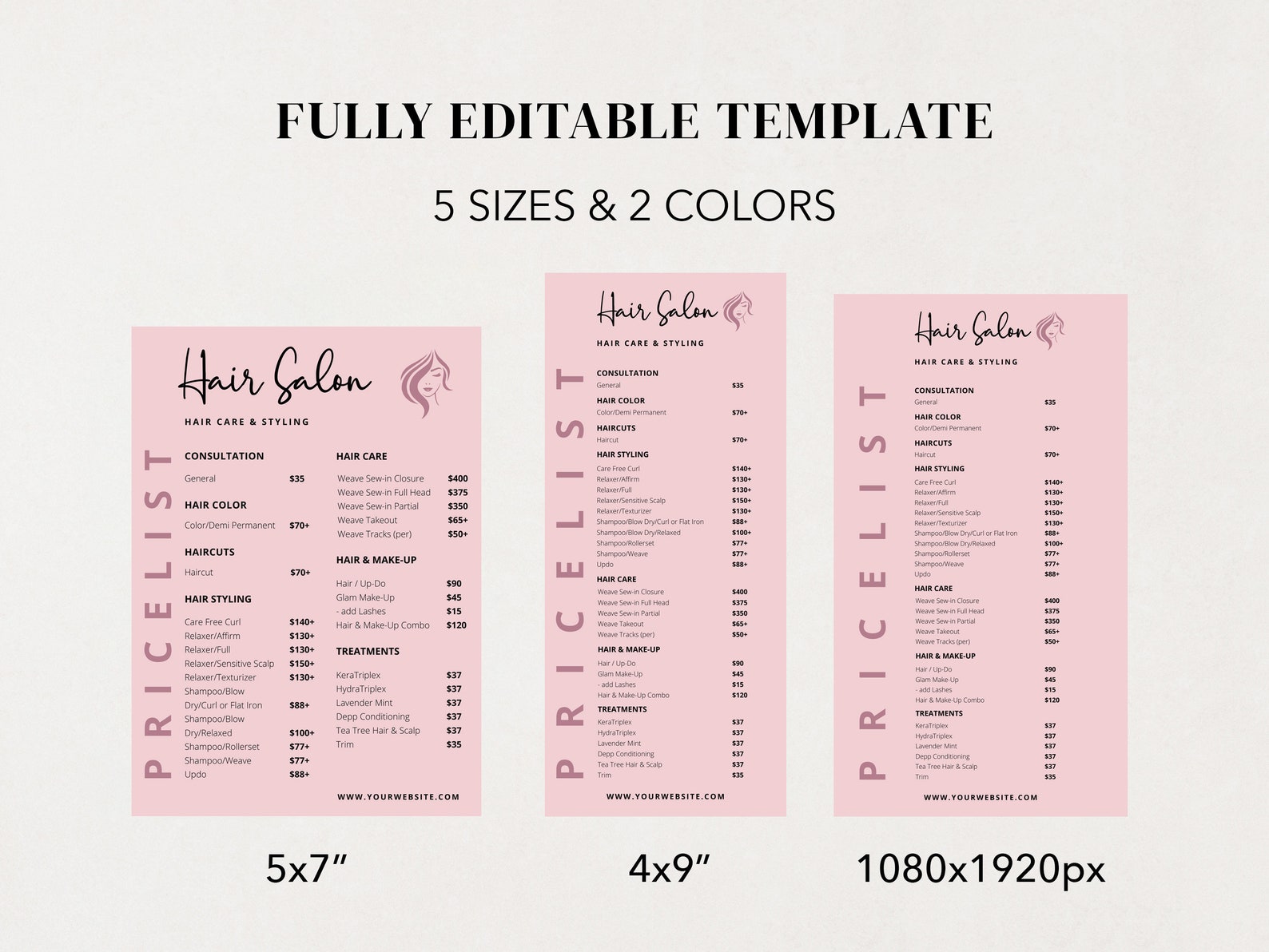 Hair Salon Price List Template, Printable Price Sheet, Editable Price ...