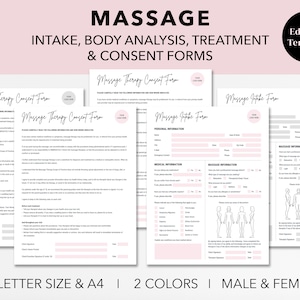 Editable Massage Therapy Intake Form, Client Intake, Consent Form, Body Analysis Treatment Form, Instant Download, Canva Template