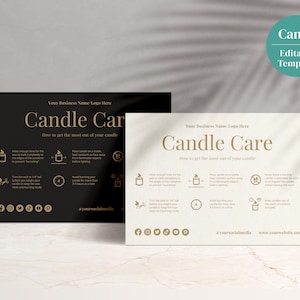 Plantilla de tarjeta de cuidado de velas de oro negro con iconos, tarjeta de cuidado editable, tarjeta de cuidado del producto, descarga instantánea, plantilla Canva