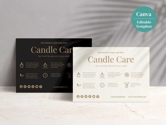 Editable Candle Care Card Template: Black & Gold Design (Canva)