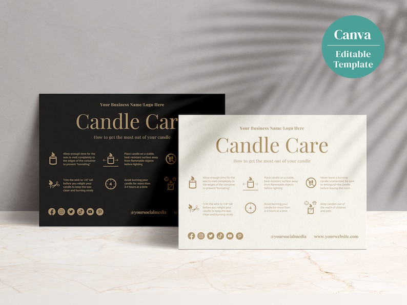 Editable Candle Care Card Template: Black & Gold Design (Canva) image 1