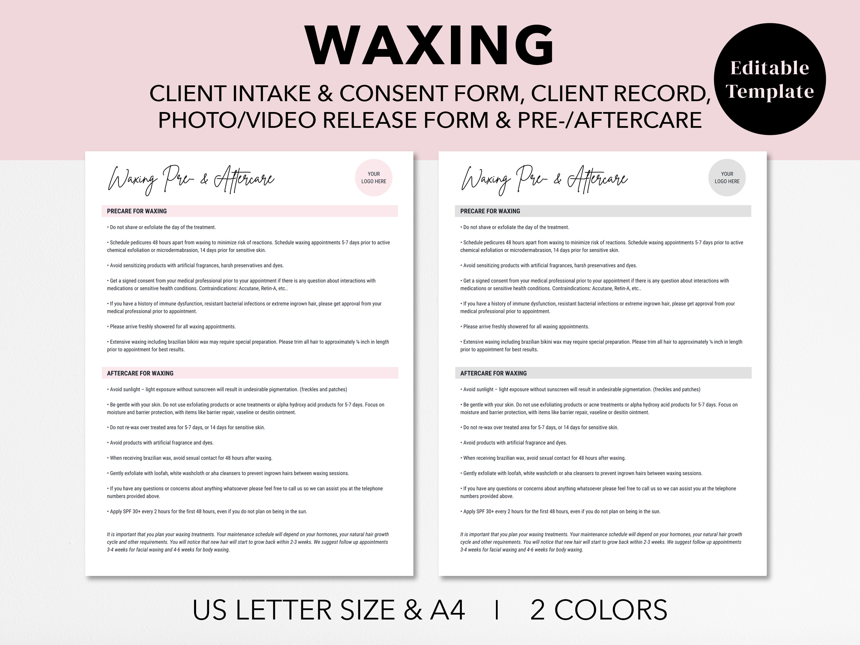 Waxing Intake Form, Consultation Form, Consent Form, Client Record Form