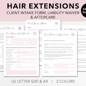 Formulario de admisión de extensiones de cabello editable, admisión de clientes, liberación, formulario de consentimiento, formulario de exención de responsabilidad, cuidado posterior, imprimible, plantilla Canva