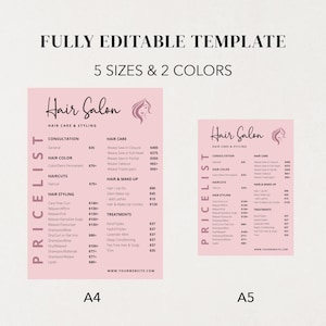 Hair Salon Price List Template, Printable Price Sheet, Editable Price ...