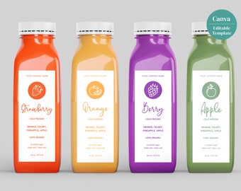 Bewerkbare saplabelsjabloon Fruitpictogrammen incl., Smoothielabel, Afdrukbaar aangepast label, 12 oz, 16oz flessen Productlabel, Canva-sjabloon