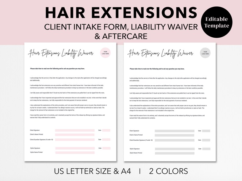Editable Hair Extensions Intake Form, Client Intake, Release, Consent