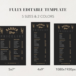 May include: A black and gold barber shop price list template with the text "Barber Shop Pricelist" at the top. The template includes a list of services and prices for haircuts, shaves, and treatments. The template is available in five sizes and two colors.