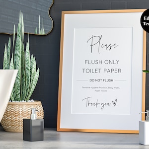 Moderno, por favor, descargue solo papel higiénico, letrero de baño de Airbnb, letrero imprimible de alquiler vacacional, sistema séptico, plantilla de Canva editable imagen 1